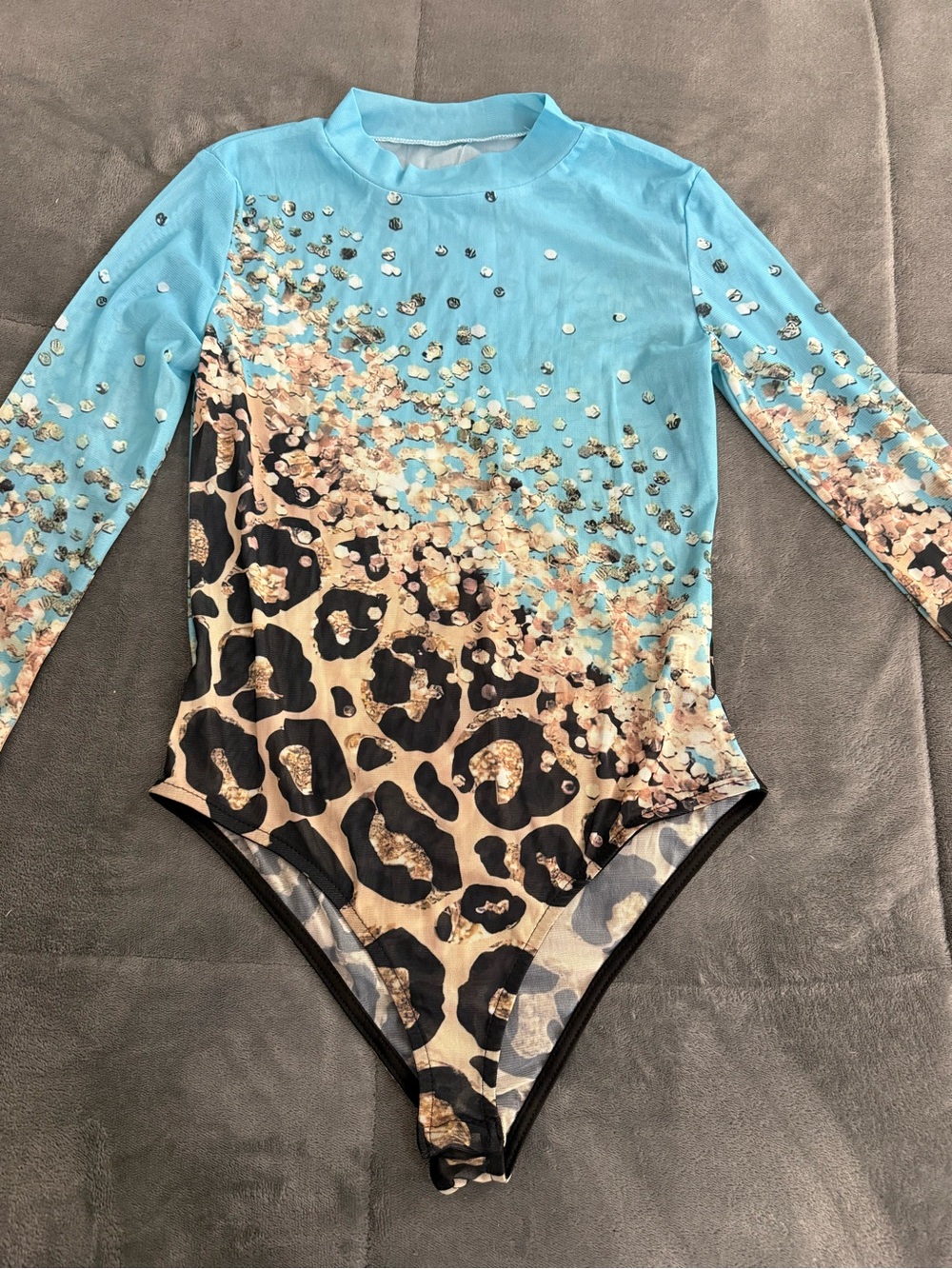 Blue & Leopard Print Long Sleeve One-Piece Bodysuit